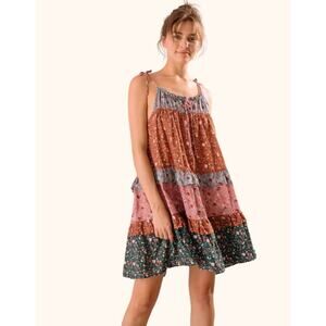 Storia Boho Tiered Ruffled Sleeveless Mini Swing Dress Lined Cotton Floral Small